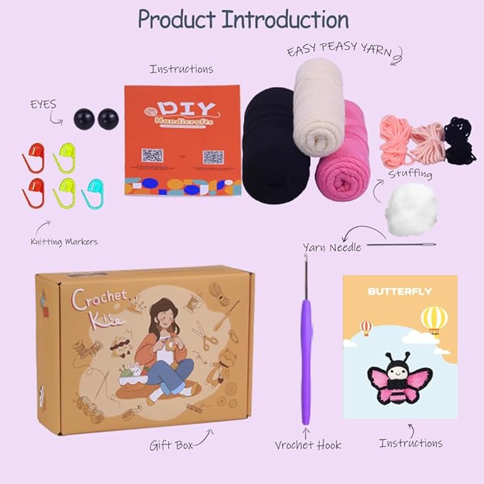 Crochet Kit for Beginners,Crochet Starter Kit with Step-by-Step Video Tutorials,DIY Crochet Animal Kits for Adults Kids,Complete Kit Included(Butterfly)