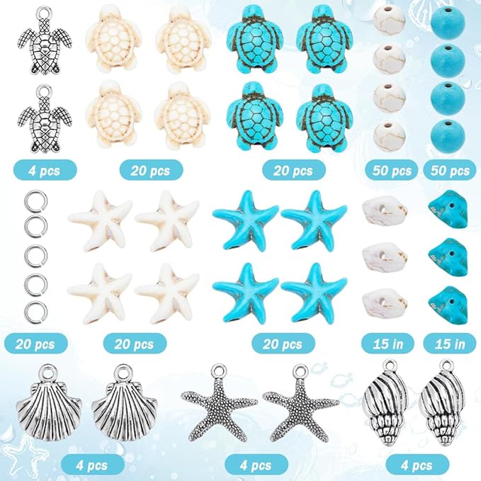 SUNNYCLUE 1 Box 217Pcs Turtle Beads Starfish Beads Boho Sea Turtle Starfish Shell Charm Bulk Summer Hawaii Ocean Charms Turquoise Loose Spacers for Jewelry Making Kits DIY Craft Supplies