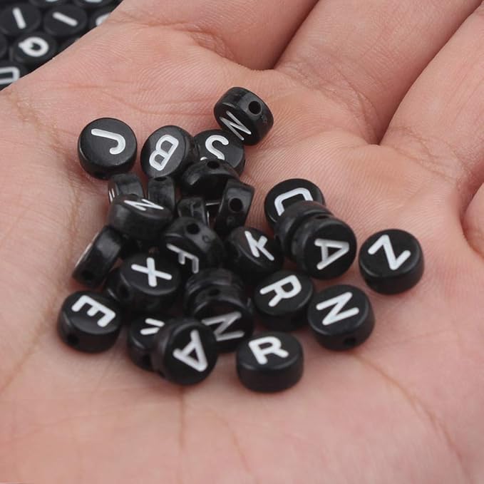 Song Xi 1200pcs Black Round Acrylic Alphabet Beads - White Letter Beads 4x7mm for Bracelets and Jewelry Making Key Chains