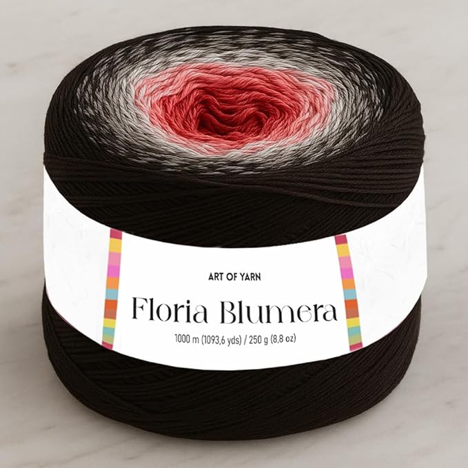 Floria Blumera Yarn 53% Cotton 43% Polyacrylic 1093.6 Yards Multicolor Gradient Yarn Cake for Knitting Crochet Spring Summer Ombre Rainbow Cotton (Black, Coral, red, Pack 1)