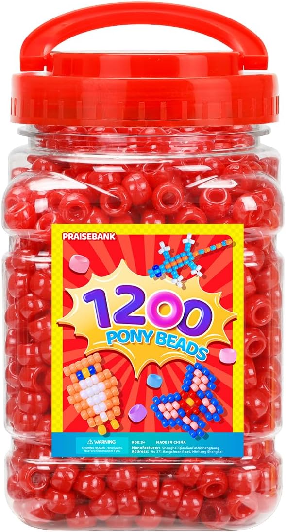 praisebank pony beads, 1200pcs 6x9mm, wholesale beads, bracelets jewelry making, arts & crafts(red)