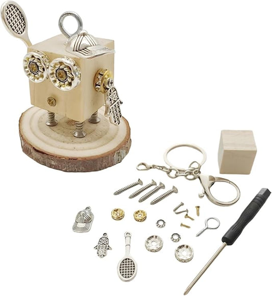 Mini Steampunk Robot Model Building Kit for Adults, Teens, Kids - Desk Figures DIY Project Construction with Wood & Metal - Perfect Gifts, Office Decor, STEAM Education - Keychain Charms (Tennis Boy)