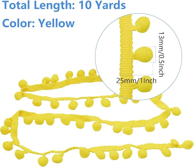 Homiest 10 Yards Pom Pom Trim for Sewing, 1 Inch Wide Yellow Ribbon Bundles Textured Fabric Fringe Ribbon, 13mm Ball Pompom Trim for DIY Crafts Curtain Clothes Pillow Home Decoration