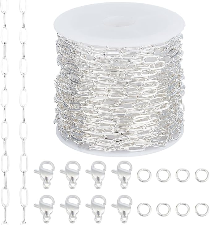 Beebeecraft 1 Roll 16.4 Feet/5m Paperclip Chain for Jewelry Making 925 Sterling Silver Plated Brass Cable Chain with 10Pcs Lobster Clasp 50Pcs Open Jump Ring for Necklace Bracelet Making Kits DIY