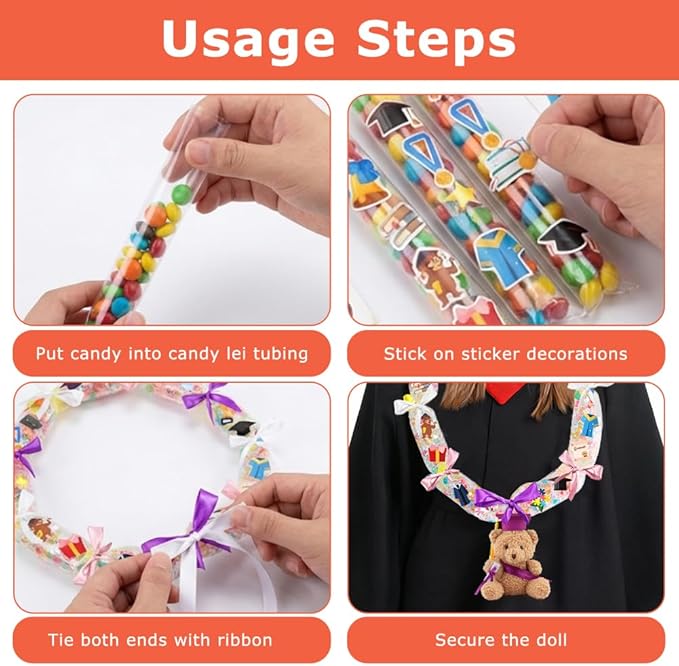 Candy Leis for Graduation 2026, Making Kit Supplies Tubing Grad Leis for Graduation Candy Necklace with 3 Color Ribbons Handmade Decoration Kit, Grad Party Gift for Graduates(White, Pink, Purple)