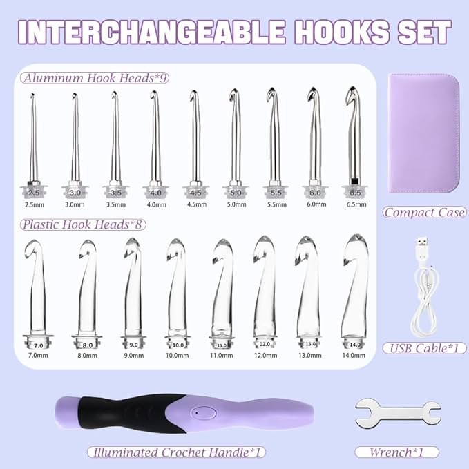lewhoo 17 sizes lighted crochet hooks set 2.5mm~14.0mm, metal crochet hook with interchangeable crochet head