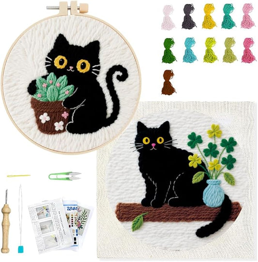 BEUNITONE 2PCS Cat Punch Needle Kit for Adults Beginners, Complete Craft Embroidery Needlepoint Kits with Hoop and Instructions, Punch Needle Starter Craft Set for Home Decor, Festival Gift 20x20cm
