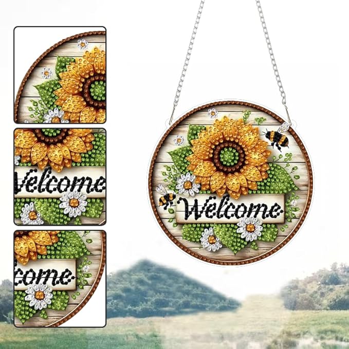 STGLCR DIY Welcome Wreath Acrylic Diamond Art Painting Kits Special Shaped Rhinestone Round Flower Bee Diamond Art Window Pendants Hanging Kits Mosaic Making Kits by Number Kits for Home Garden Wall
