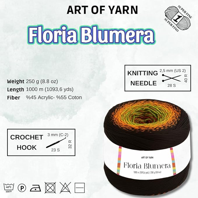 Floria Blumera Yarn 55% Cotton 45% Acrylic 1093.6 Yards Multicolor Gradient Yarn Cake for Knitting Crochet Spring Summer Ombre Rainbow Cotton Yarn for Flowers S.Fine 1 Sport-99267