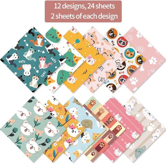 6x6” 160gsm cardstock Single Sided Scrapbooking 24 Papers Pad vintage decoupage scrapbook kit patterned paper junk journal supplies journaling supply scrap paper crafting Cat
