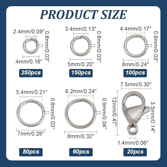 PH PandaHall 640pcs 304 Stainless Steel Jump Rings with 20pcs 12x7.5mm Lobster Claw Clasps Kit, 4/5/6/7/8mm Open Jump Rings Jewelry Clasps and Closures for Earrings Necklace Pendants Jewelry Making