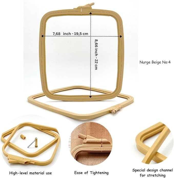 nurge square embroidery hoop - plastic cross stitch frame for needlepoint & embroidery - adjustable craft hoop - beige - set of 4