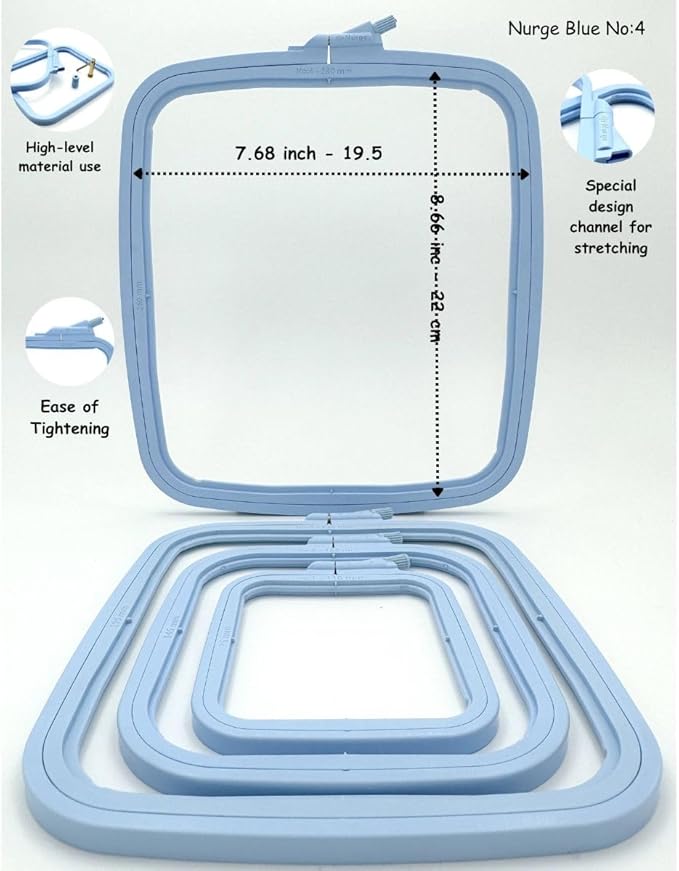 nurge square embroidery hoop - plastic cross stitch frame for needlepoint & embroidery - adjustable craft hoop - blue - no:4 (large)