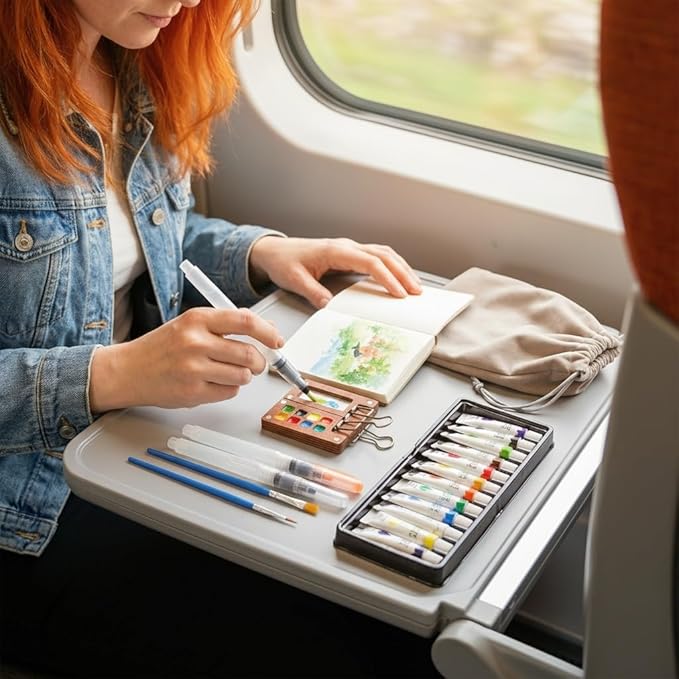 Mini Watercolor Paint Set, Travel Watercolor Set, Watercolor Kit, Pocket Artist Water Color Set with Paint, Brush, Storage Pouch, Sketchbook & Copper Clip for Beginners, Artists & Painting Enthusiasts