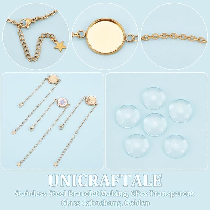 UNICRAFTALE 6 Sets Bracelet Bezel Settings Stainless Steel Bezel Bracelets Bracelets Blanks Adjustable Blank Tray Bangle Settings with Round Cabochon Gold Bezel Trays for Bracelet Making 14.4cm Long