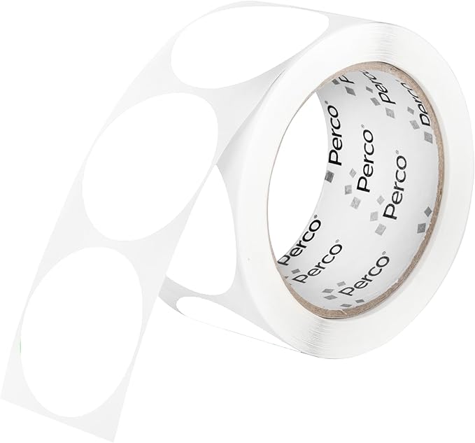 perco white 2-inch perforated circle dot sticker labels — 250 round stickers per roll — with permanent adhesive for organizing, color coding, bin labeling, packaging alerts — made in usa