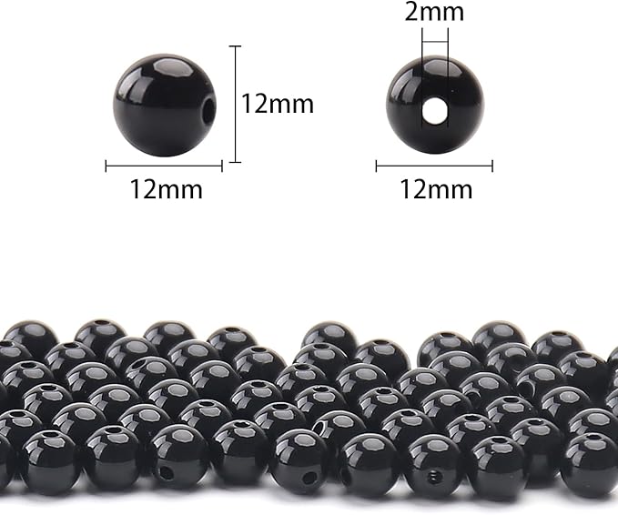bonny boxx 100pcs 12mm smooth black acrylic round beads, plastic resin bubblegum balls chunky gumball beads for necklace and bracelet making, crafting supplies