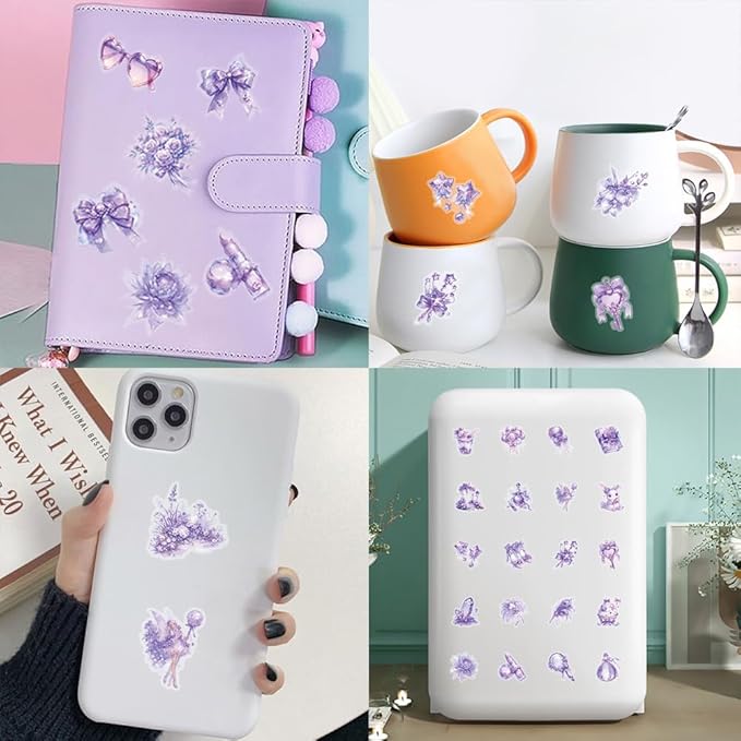 50Pcs Waterproof Vintage Stickers,Scrapbooking Supplies Kit,Aesthetic Decorative Craft Sticker for Planner, Bullet Journaling, Junk Journal, Water Bottles, Laptop, Retro Craft.Purple Flower
