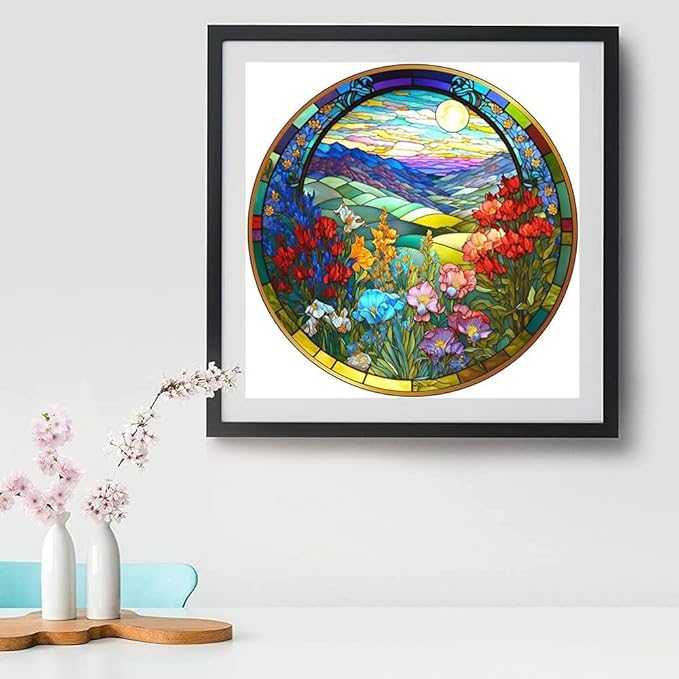 Stamped Cross Stitch Kits - Flower Mountain Landscape Counted Cross Stitch Kits for Beginners Adults,11 CT Patterns Dimensions Embroidery Kits Arts Craft Kits13.8 x 13.8inch