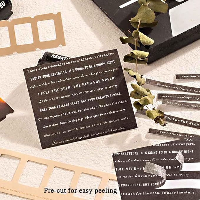 CraftBloom 94PCS Movie Film Scrapbook Paper for Journaling Supplies, Strip Photo Frame for Scrapbooking Kit, Waterproof PET Washi Quote Stickers for Bullet Junk Journal Collage Planner DIY Craft