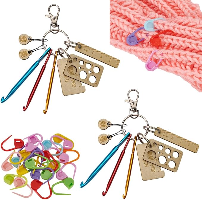FINGERINSPIRE 26 Pcs Crochet Hook Kit 22x11x3mm Stitch Markers Mini Keychain Aluminum Crochet Hooks Knitting Needles Crochet Hook Keychain Portable Crochet Keychains Kit with Wooden Pendant and Pin