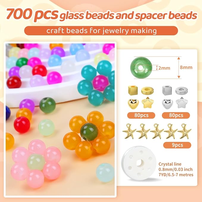 700pcs Glass Beads for Crafts– 24 Colors 8mm Crystal Glass Beads with Gold & Silver Spacer Beads and Elastic String for Bracelets, Necklace & DIY Crafts