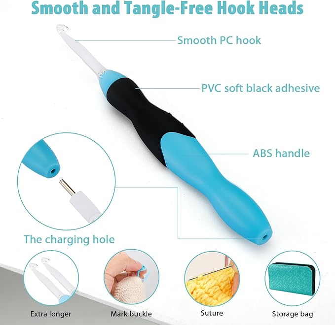 votris light up crochet hook set - 11 in 1 lighted crochet hook set for beginners, ergonomic soft grip, rechargeable light, interchangeable heads - ideal crochet hooks kit, gift