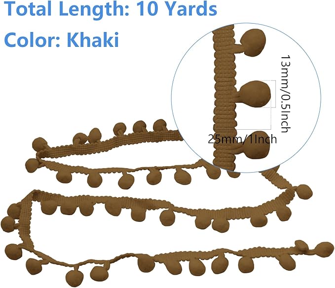 Homiest 10 Yards Pom Pom Trim for Sewing, 1 Inch Wide Khaki Ribbon Bundles Textured Fabric Fringe Ribbon, 13mm Ball Pompom Trim for DIY Crafts Curtain Clothes Pillow Home Decoration