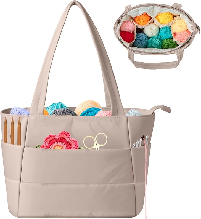 Crochet Bag for Yarn Storage, Puffer Knitting Bag with Soft Handles, Lightweight Yarn Storage Organizer with Zipper for Crochet Accessories, Gifts for Crocheters (Brown)