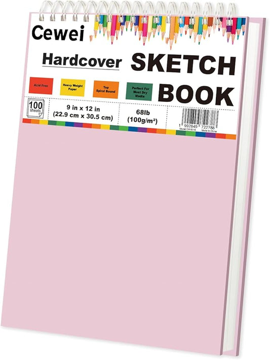9"x12" sketchbook pink, 1 pack-100 sheets cute sketchbook for girls, 68lb/100gsm pink sketch book for kids, spiral drawing pad for kid, art supplies for kids 9-12 girls.