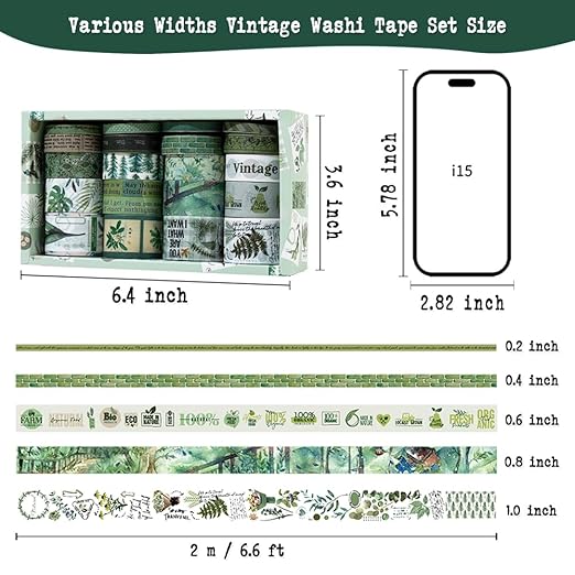 Washi Tape Set, 20 Rolls, Plant Botanical Green Washi Tape for Journaling, Decorative Tape for Scrapbooking, Junk Journal Supplies, Bullet Journaling