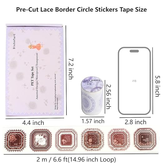 Vintage Pre-Cut Lace Border Circle Stickers Tape for Journaling, 6 Rolls White Kraft Paper Decorative Tapes Set, Frame Labels for Scrapbooking, Junk Journal Supplies, Collage, Card Making