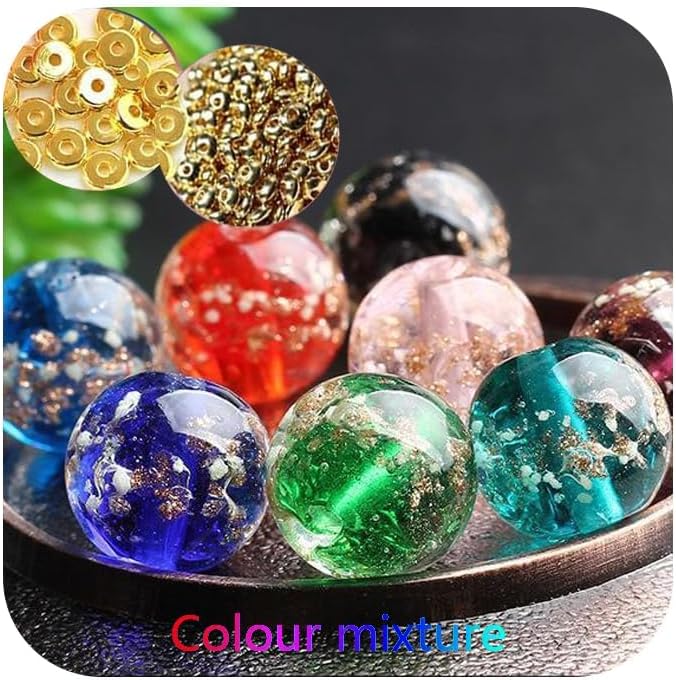 8mm 200pcs Glow in The Dark Glass Beads with Holes for Jewelry Making Bracelets Earrings Necklace Bulk Lampwork Solar Unique DIY Crafts Gold Spacer Beads Kit(100pcs Beads+100pcs Spacer)