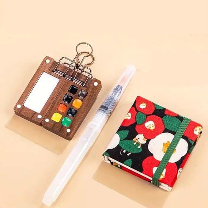 Aimery Mini Watercolor Paint Travel Set, Portable Small Miniature Pocket Water Color Painting Kit with Wooden Palette & Sketchbook(Yellow Flower)