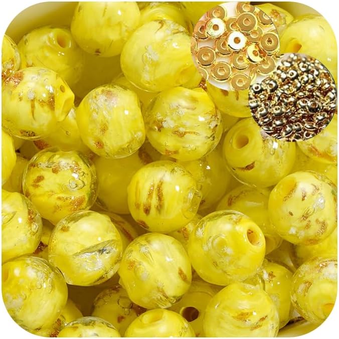 8mm 200pcs Glow in The Dark Glass Beads with Holes for Jewelry Making Bracelets Earrings Necklace Bulk Lampwork Solar Unique DIY Crafts Gold Spacer Beads Kit(100pcs Beads+100pcs Spacer)