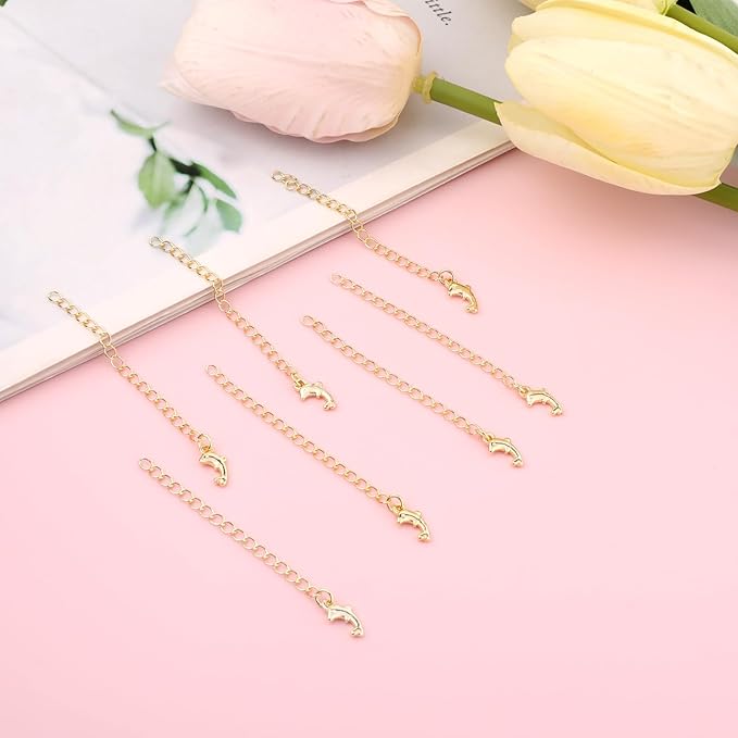 30 Pcs Necklace Extenders,18K Gold Plated Necklace Extender 55 mm,Chain Extender with Dolphin Pattern Chain Tabs for Jewelry Making