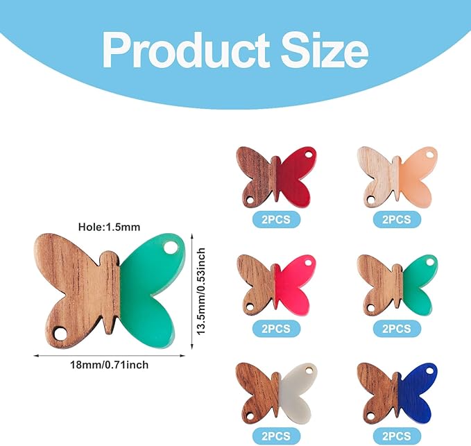 Beadthoven 12pcs/6 Pairs Butterfly Wood Resin Charms Connector Pendants, Mini Small Butterfly Wood Earrings Blanks Wooden Pendants for DIY Bracelet Jewelry Making Spring Boho Earrings Necklace Women