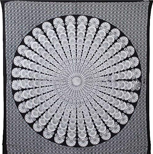 bless international handmade indian hippie bohemian psychedelic peacock mandala wall hanging college dorm beach throws table cloth bedding tapestry (black white, queen(84x90inches)(215x230cms))