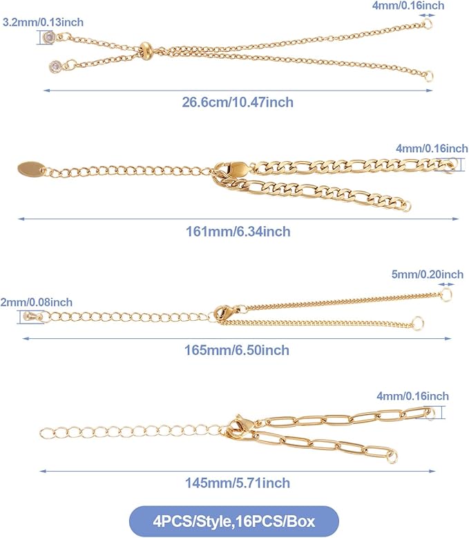 FASHEWELRY 16Pcs Stainless Steel Adjustable Slider Bracelet Adjustable Chains Extender with Cubic Zirconia Ends Golden Chain Link Bracelets with Lobster Clasp for Jewelry Making