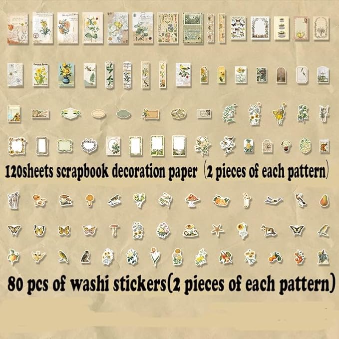Alideco 200pcs Vintage Scrapbook Stickers Kawaii Fairy Scrapbooking Paper Washi Junk Journaling Supplies Collage Album Aesthetic Cottagecore Picture Frames(Plant Butterfly)