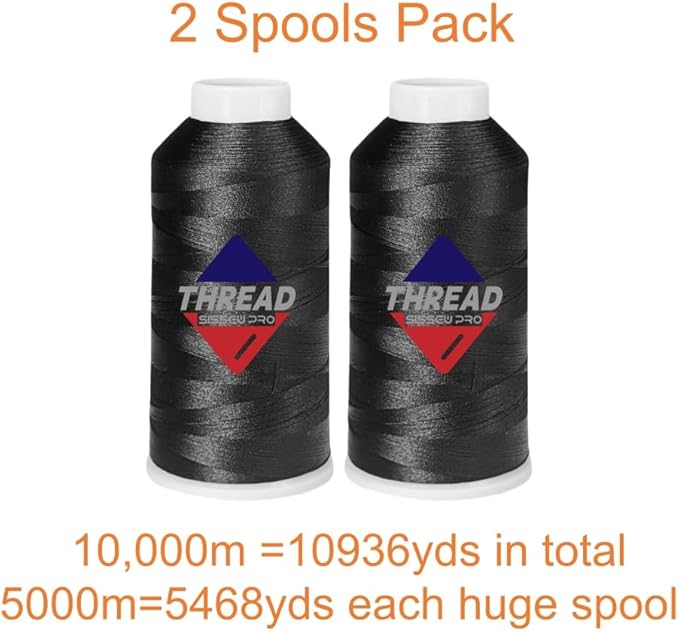 40WT Machine Embroidery Thread 2 Big Spool (5,000M Each 10,000M Total) – 2 x Black Polyester Embroidery Thread 120D/2 for Commercial & Home Embroidery Machines