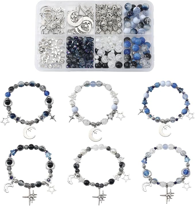 SUNNYCLUE 1 Box 314Pcs DIY 6 Sets Bracelets Making Kit Moon and Star Charms Crescent Stars Bead Blue Faceted Glass Imitation Pearl Loose Spacer Beads for Jewelry Making Kits Adult Women Gifts