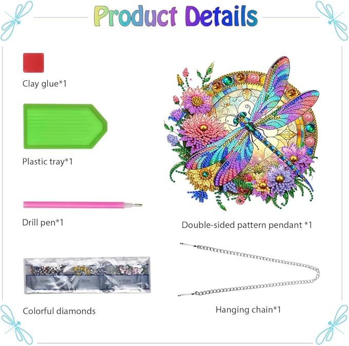 Koikify Diamond Painting Kits Hanging Pendant, Flower & Dragonfly Crystal Diamond Art Hanging Sign, Double-Sided Pattern Craft Ornament for Home Decoration and Gift