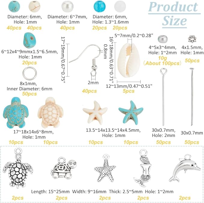 PH PandaHall 575pcs Turquoise Turtle Beads Ocean Beads Charms Starfish Seashell Bead Charms Tortoise Mermaid Pendants for Summer Beach Necklace Earring Bracelet Anklet Jewelry Making