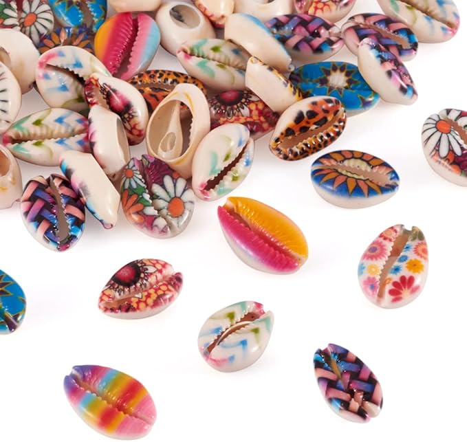 Cheriswelry 100pcs Cowrie Shell Beads Colorful Printed Sea Shell Beach Spacer Beads No Hole Ocean Summer Bracelet Necklace Beads Charms Fish Tanks Decoration 20~25mm for DIY Craft Jewelry Making