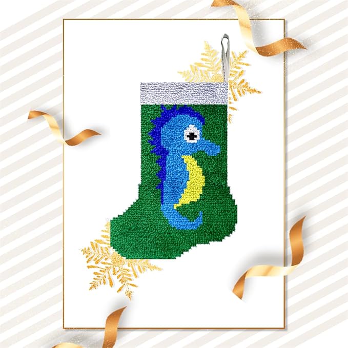 DL-YTG Latch Hook Kits Rug Christmas Seahorse Crochet Yarn Cushion Colour Pre-Printed Canvas Cover Rug Needlework DIY Hook and Latch Kit Home Decoration 17x12 inch