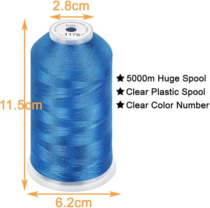 New brothread - Single Huge Spool 5000M Each Polyester Embroidery Machine Thread 40WT for Commercial and Domestic Machines - Light Royal Blue