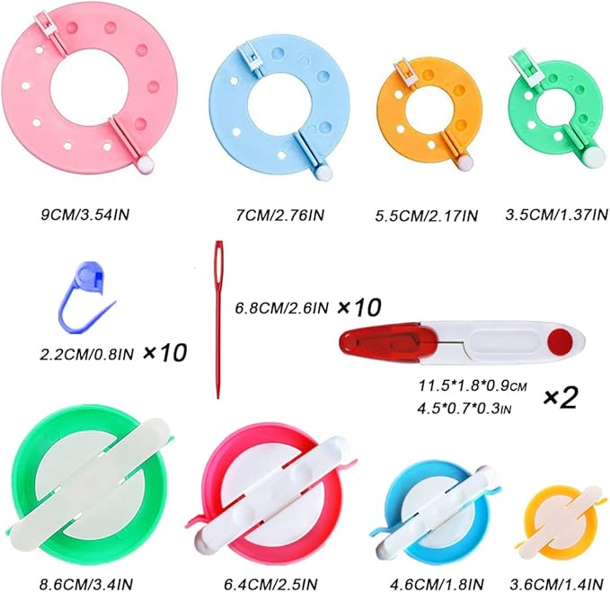 Pom Pom Maker,30pcs Pom Pom Makers kit Includes 8 PCS Pom Pom Maker+2pcs Scissors+10pcs Plastic Needles+10pcs kntting Stitch Markers for DIY Wool Yarn Knitting Craft Project for Everyone (30)