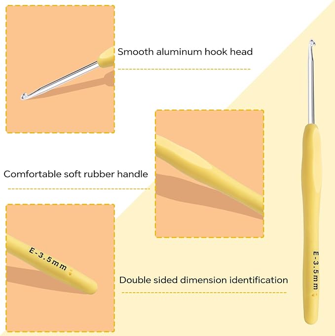 3.5mm Crochet Hook, Ergonomic Crochet Hook, Smooth and Extra Long  Knitting Needles, with Soft Rubber Ergonomic Handle and Aluminum Tip, Perfect Beginner and Arthritic Crochet Hooks (3.5 mm)