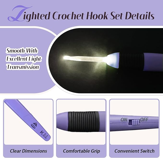 Yarniss Light Up Crochet Hook with Ergonomic Crochet Hooks and Luminous Crochet Hook,5 mm Crochet Hook, Lilac